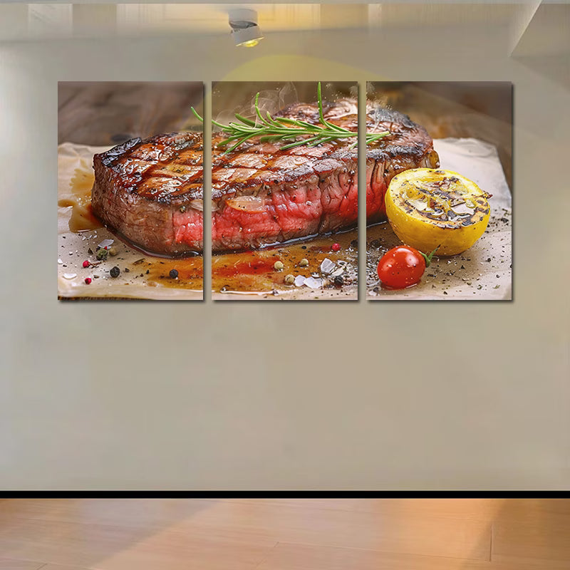 3pcs Steak Served on a Wooden Cutting Board Wall Art Set Canvas Framed 50x70cm - High Quality Print 100% Australian Made Wall Canvas Ready to Hang