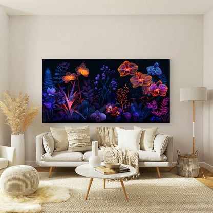 Neon Jungle Night Blooms Wall Art Canvas Office Home Room Framed 120x60cm