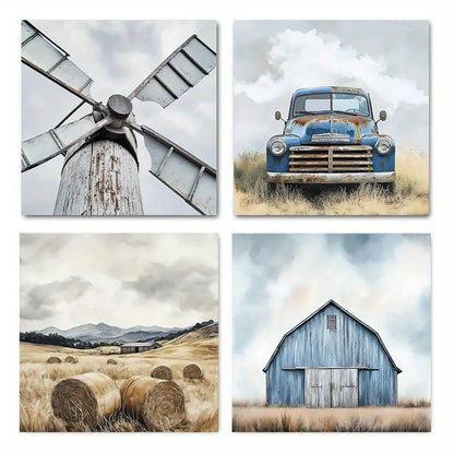 4pcs Classic Blue Truck, Hay Bale Field & Blue B Scene Wall Art Canvas Framed
