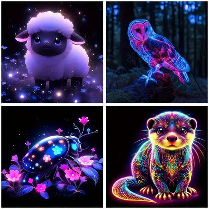 4pcs Glowing Animal Patterns Sheep Owl Art Canvas Framed