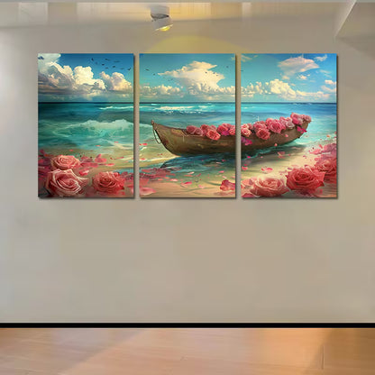 3pcs Serene Beach Scene with Boat and Rose Wall Art Set Canvas Framed 40x60cm - High Quality Print 100% Australian Made Wall Canvas Ready to Hang