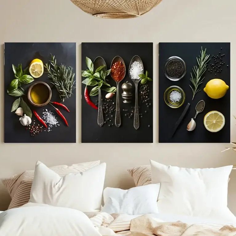 3pcs Herb & Spice Paintings With Cinnamon Metal Print Ready to Hang Art