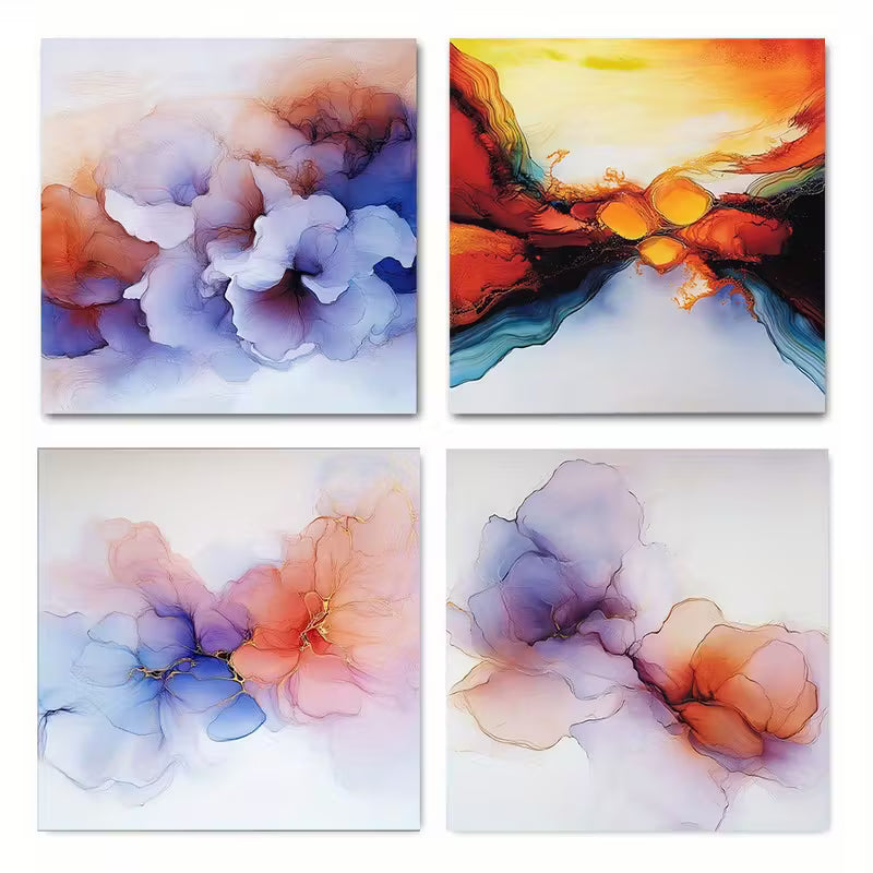 4pcs Orange Blue Smoke Wave Abstract Shape Elega Wall Art Canvas Framed