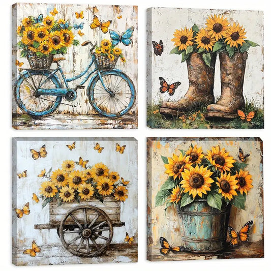 4pcs Vintage Bicycle Decorative Wall Art Canvas Framed