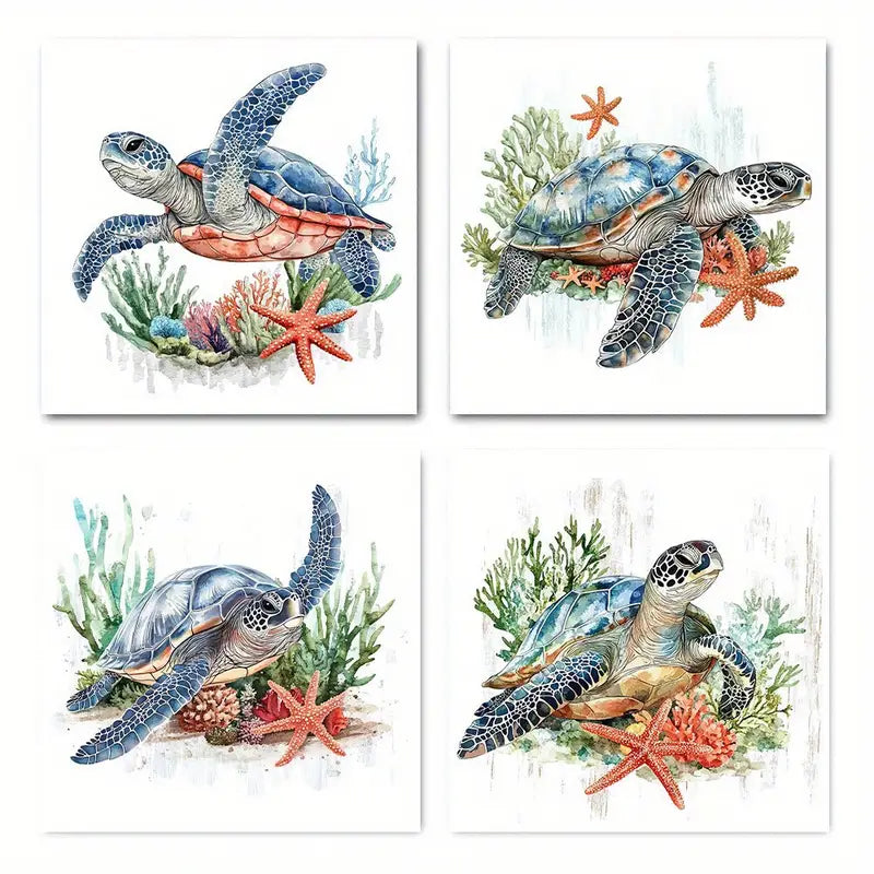 4pcs  Nautical Sealife Animal Starfish Coral    Wall Art Canvas Framed