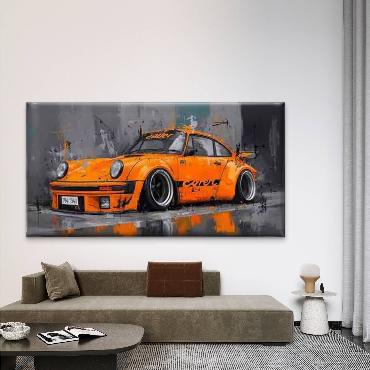 Featuring a Retro Orange Car Wall Art Canvas Office Home Room Framed 120x60cm