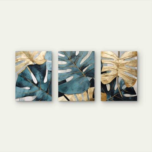 3pcs Tropical Monstera Teal Gold Leaf Metal Print Ready to Hang Art