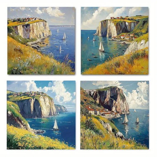 4pcs Village with Cliffside View and Sailboat Wall Art Canvas Framed