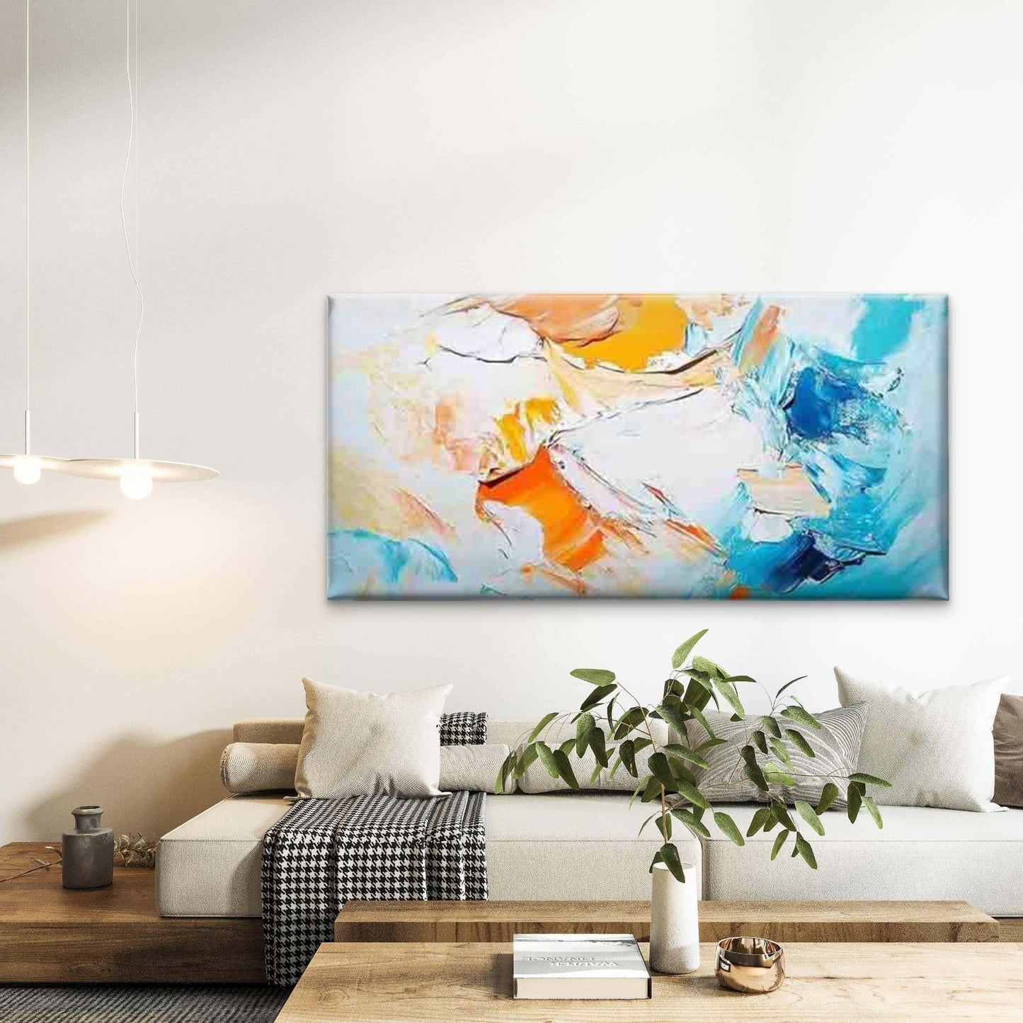 Blue, Orange, and White Swirls Wall Art Canvas Office Home Room Framed 120x60cm