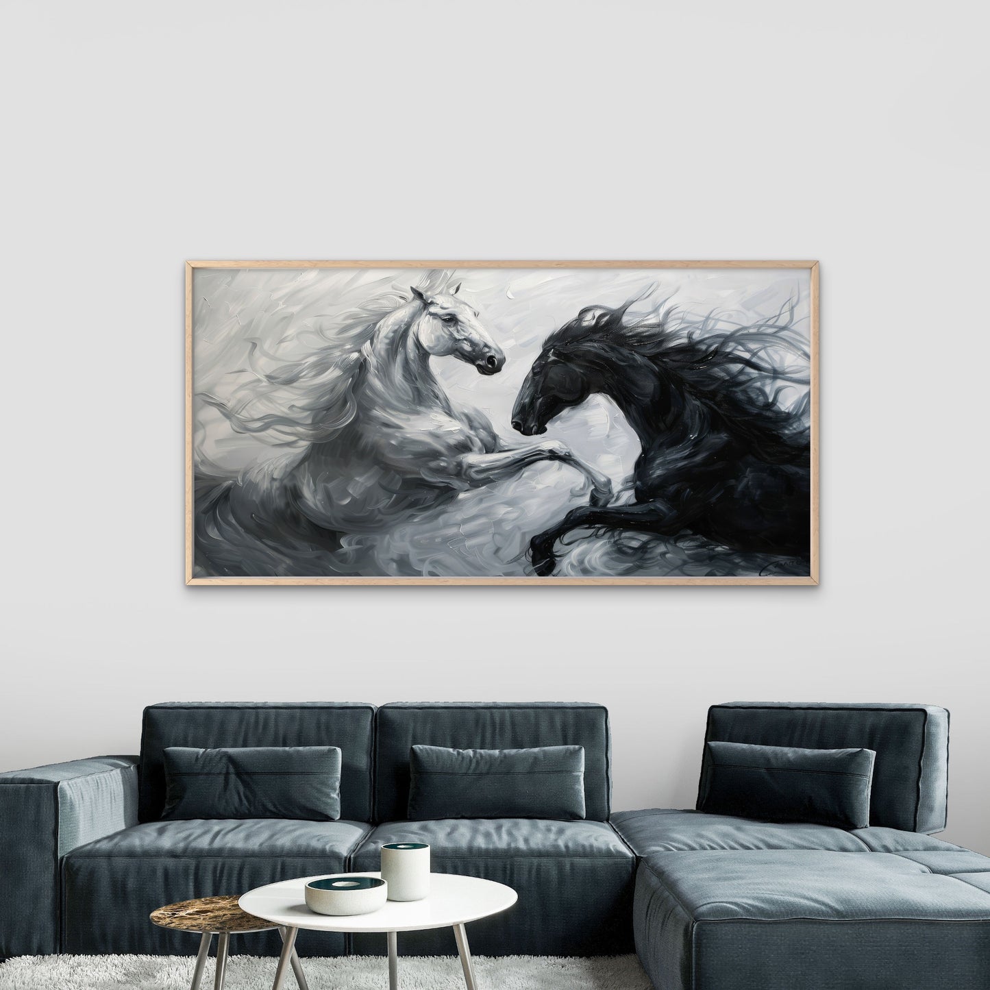 Black And White Horses Wall Art Canvas Office Home Room Framed 120x60cm