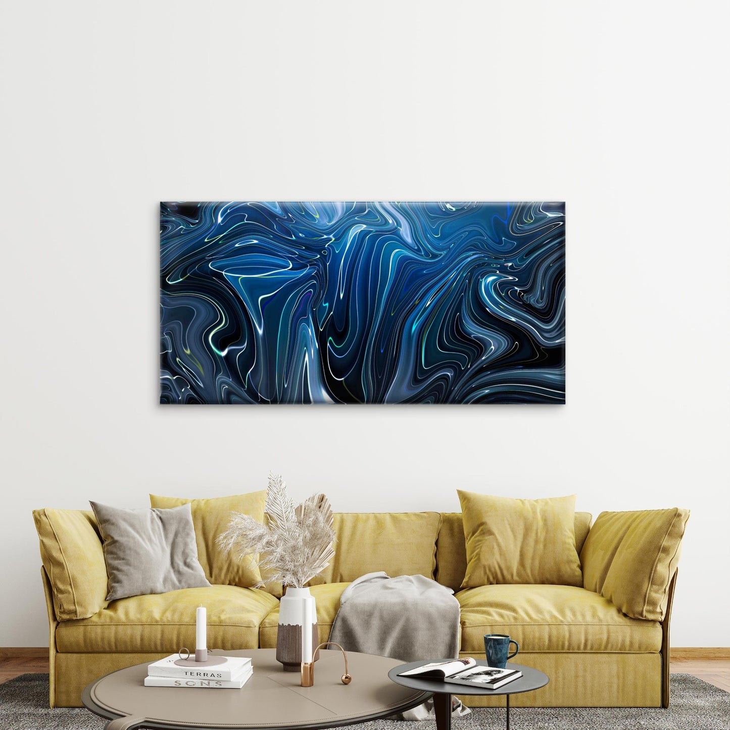 Blue Abstract Liquid Marble Wall Art Canvas Office Home Room Framed 120x60cm - Bella Home Decor