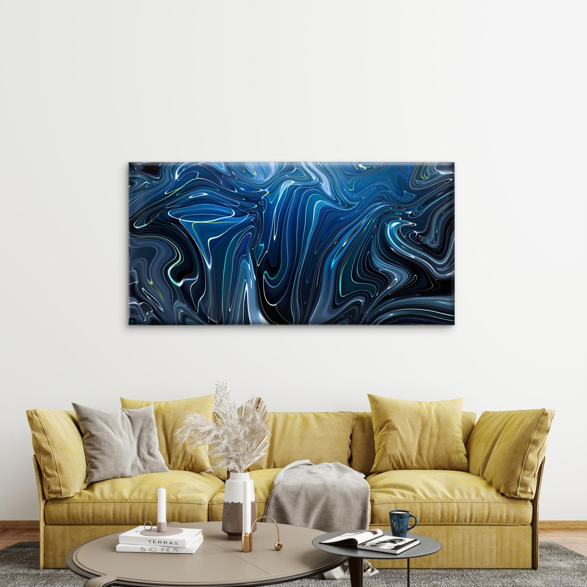 Blue Abstract Liquid Marble Wall Art Canvas Office Home Room Framed 120x60cm - Bella Home Decor