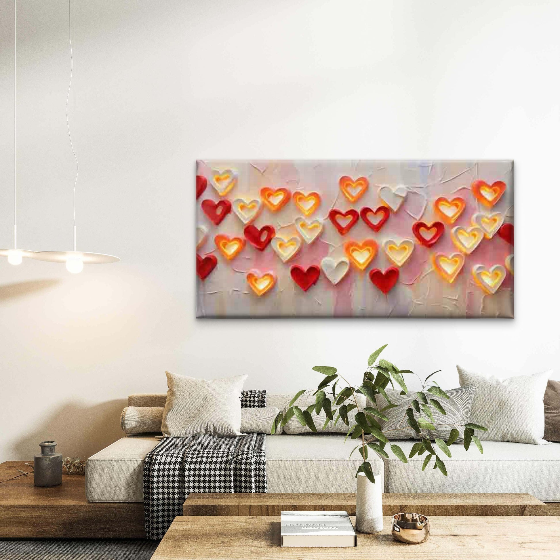 Red And White Glowing Hearts Wall Art Canvas Office Home Room Framed 120x60cm - Bella Home Decor