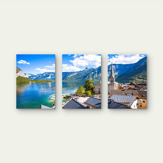 3pcs European Lakeside Alpine Village Church Metal Print Ready to Hang Art