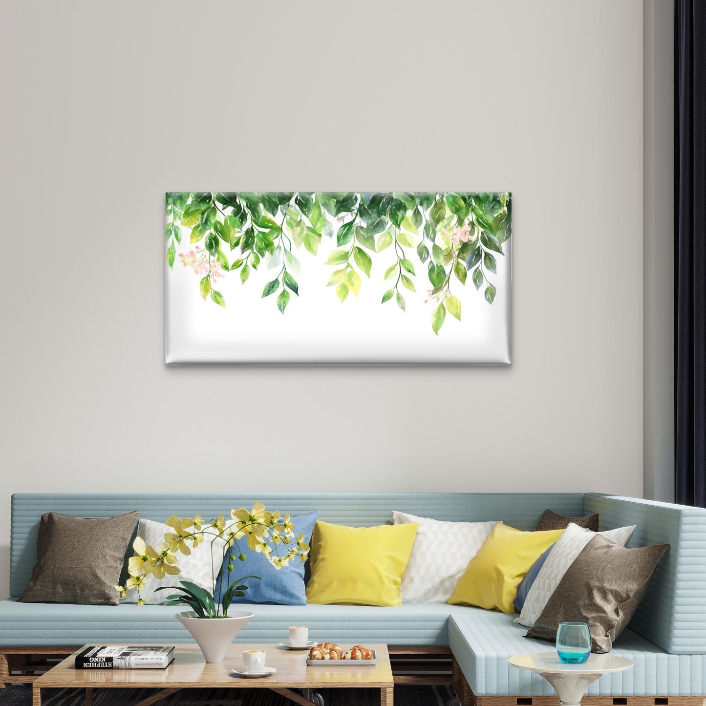 Watercolor Green Leaf Foliage Wall Art Canvas Office Home Framed 120x60cm