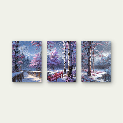 3pcs Winter Snow Cherry Blossom Bridge Landscape Wall Art Set Canvas Framed 40x60cm - High Quality Print 100% Australian Made Wall Canvas Ready to Hang
