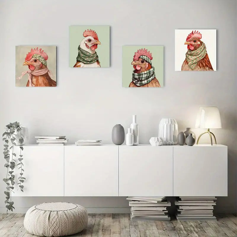 4pcs Vintage Style Babushka Chicken  Knitted Scar Wall Art Canvas Framed
