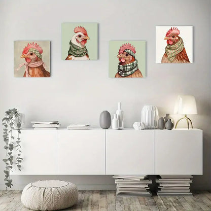 4pcs Vintage Style Babushka Chicken  Knitted Scar Wall Art Canvas Framed