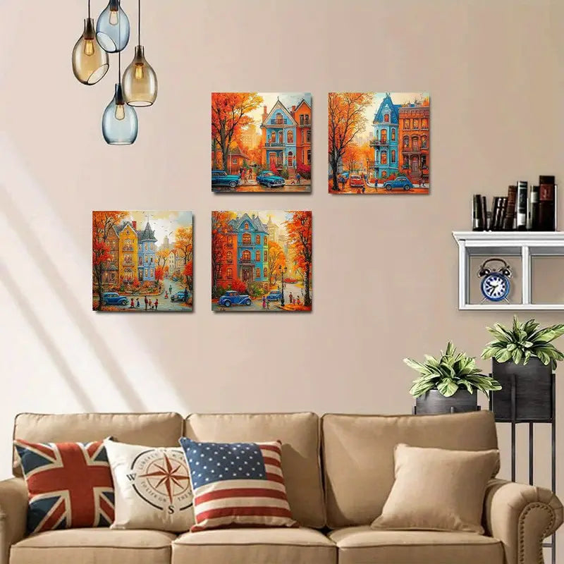 4pcs Leaves & Vintage Architecture Wall Art Canvas Framed