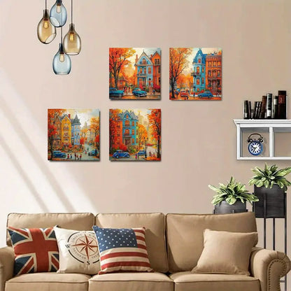 4pcs Leaves & Vintage Architecture Wall Art Canvas Framed