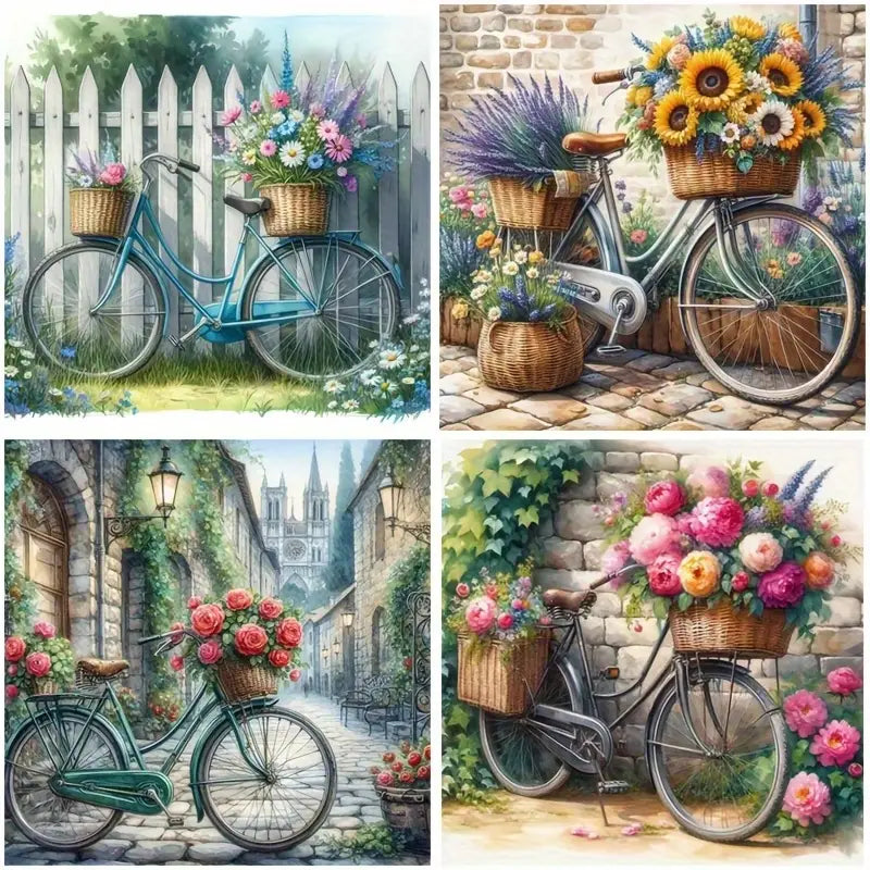 4pcs Colorful Flowers and Bicycle Pattern Wall Art Canvas Framed