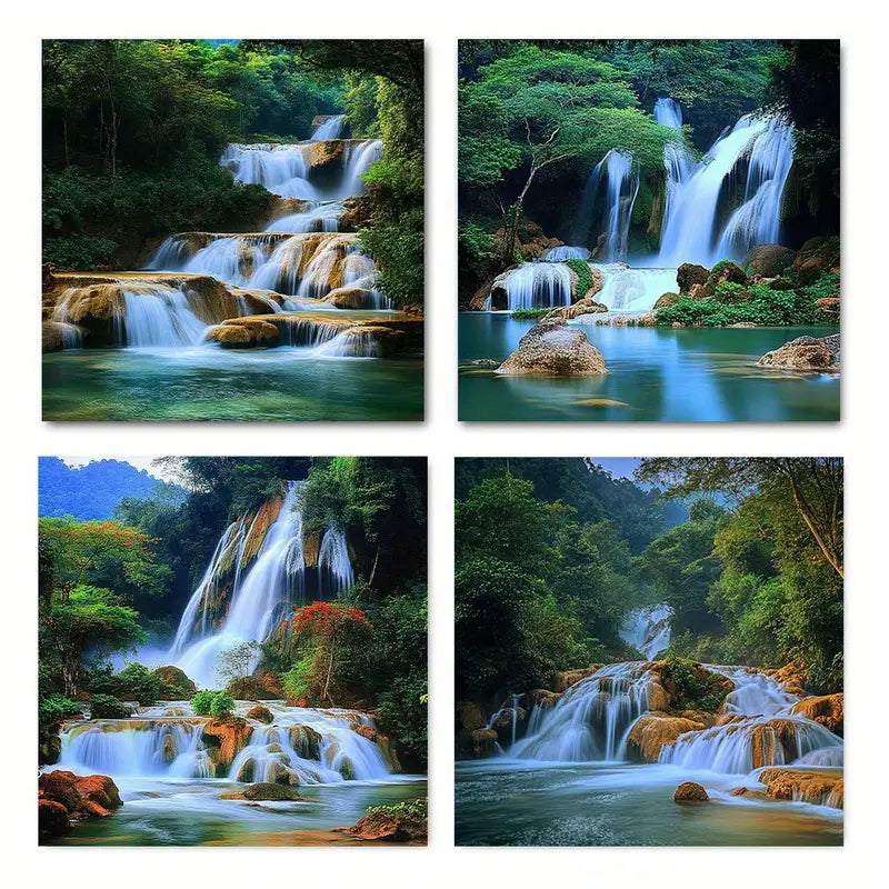4pcs  Green Trees River Spring Tropical Forest Wall Art Canvas Framed