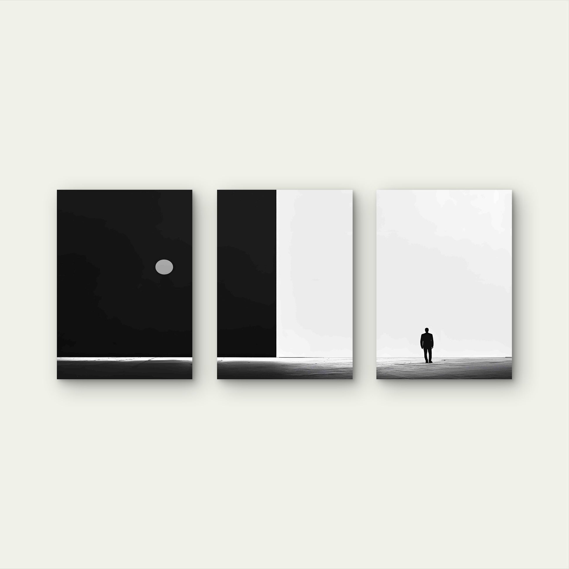 3pcs Person In A Dark Room With White Circle Metal Print Ready to Hang Art - Bella Home Decor