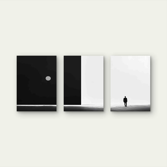 3pcs Person In A Dark Room With White Circle Metal Print Ready to Hang Art - Bella Home Decor
