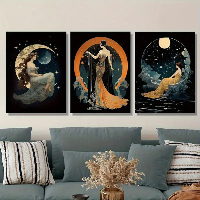 3pcs Goddess, Surrealism, Celestial Moonlight Art Metal Print Ready to Hang Art - Bella Home Decor