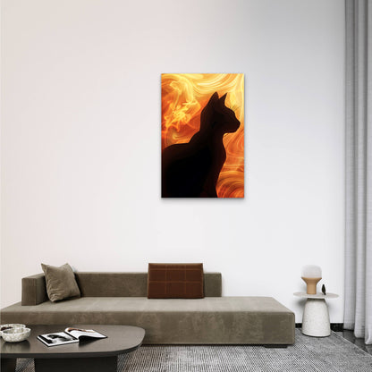 Cat Silhouetted Against Fiery Background 60x90cm Metal Print Ready to Hang