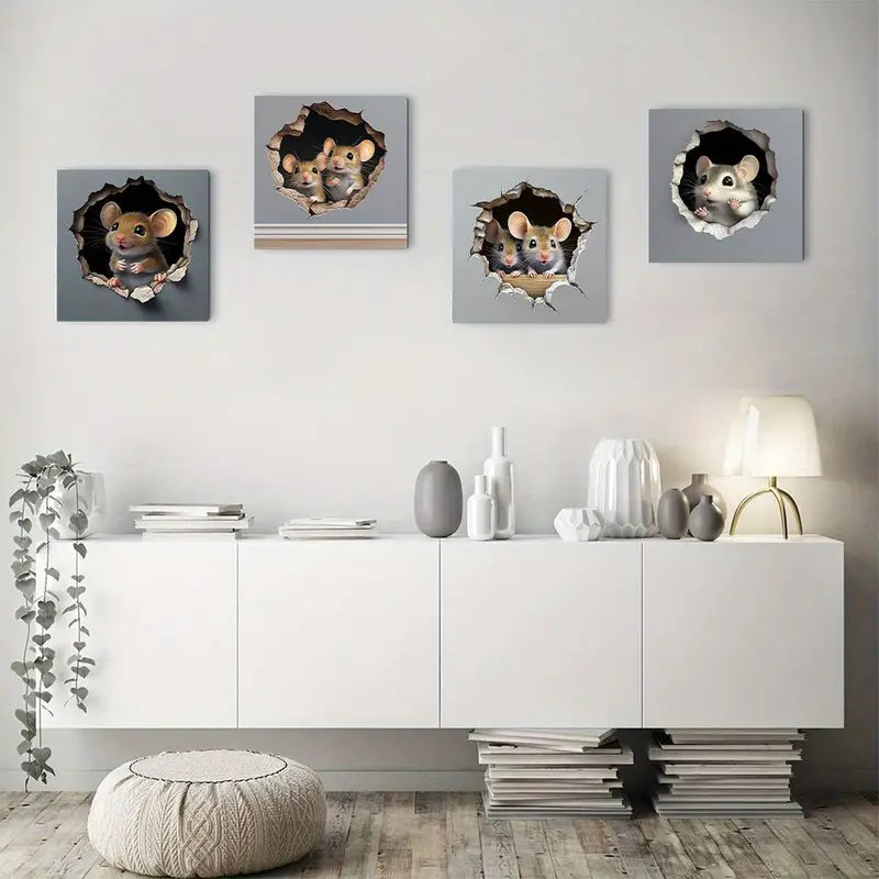 4pcs Cute Mouse Wall Art Canvas Framed