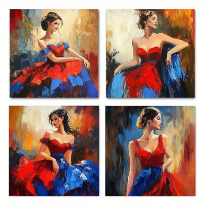 4pcs Abstract Dancing Woman Flying Skir Wall Art Canvas Framed