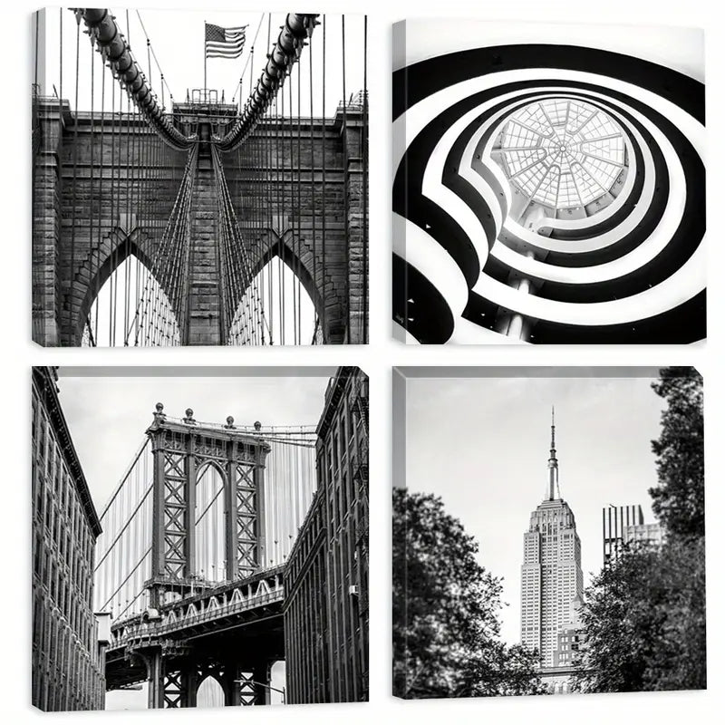 4pcs Brooklyn Bridge Wall Art, American Flag Wall Art Canvas Framed