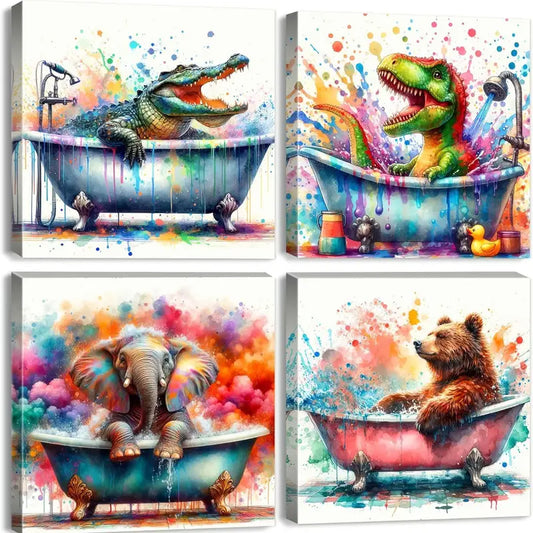 4pcs Dinosaur, Crocodile, Elephant & Bear Bath Wall Art Canvas Framed
