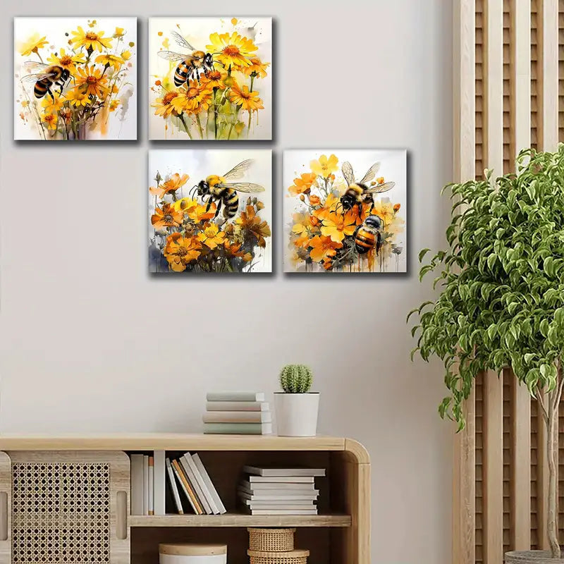 4pcsYellow Flower Wall Art Bee Wall Art Canvas Framed - Bella Home Decor
