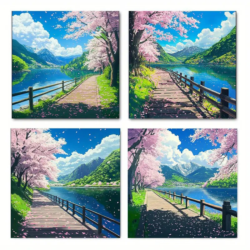 4pcs  Cherry Trees under the Bridge  BC  Wall Art Canvas Framed