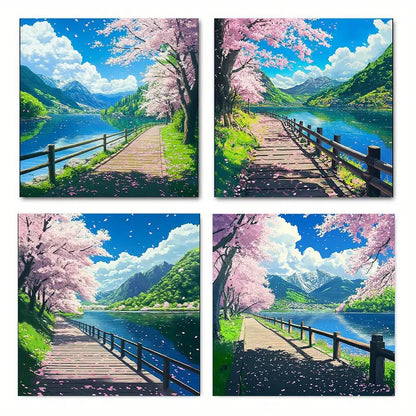 4pcs  Cherry Trees under the Bridge  BC  Wall Art Canvas Framed