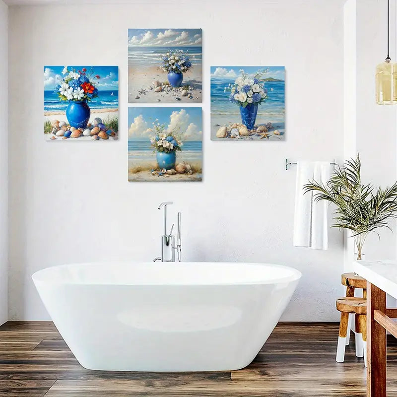 4pcs Vase Poster, Seaside Decorative Wall Art Canvas Framed