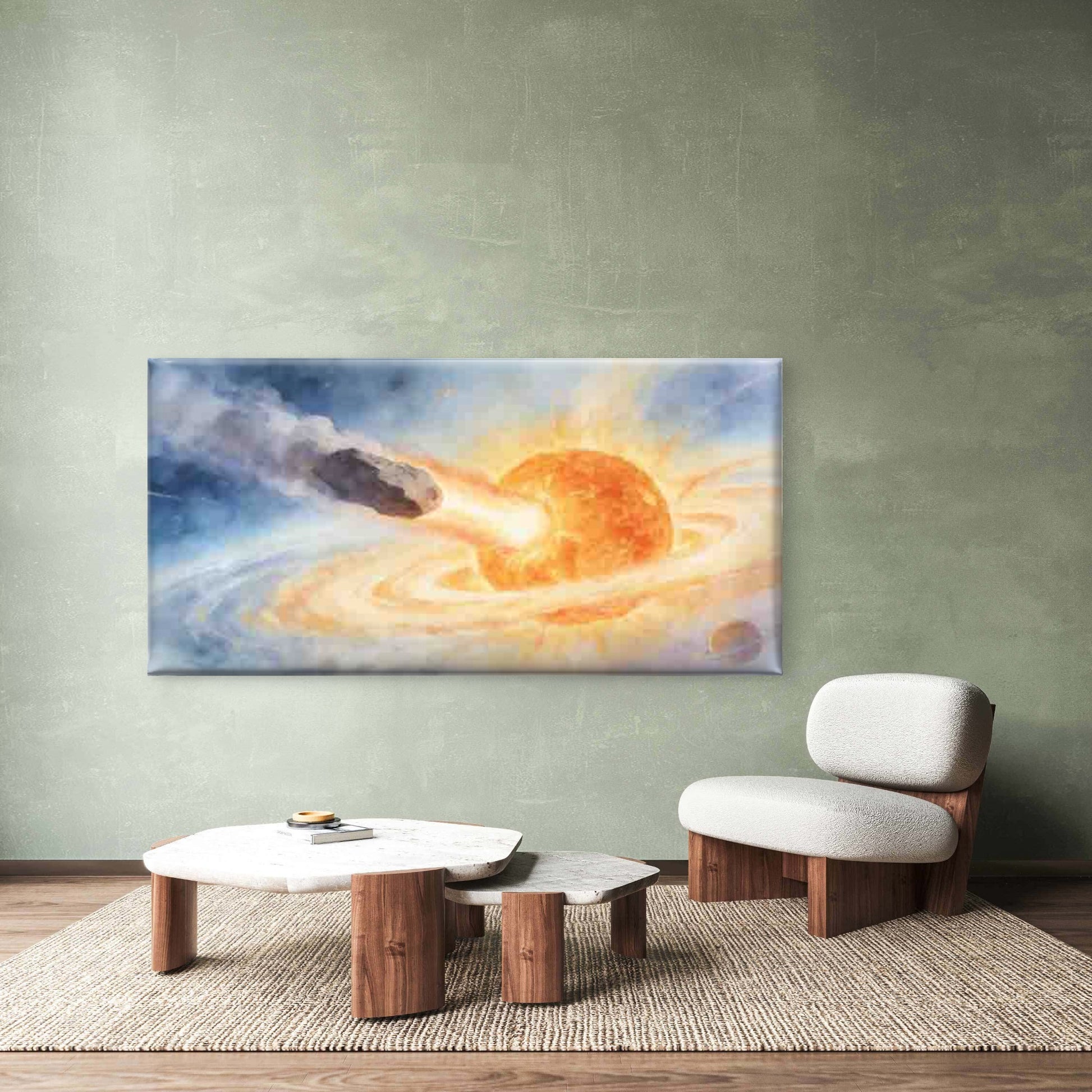 Meteor Impact Fiery Sun Space Wall Art Canvas Office Home Room Framed 120x60cm - Bella Home Decor