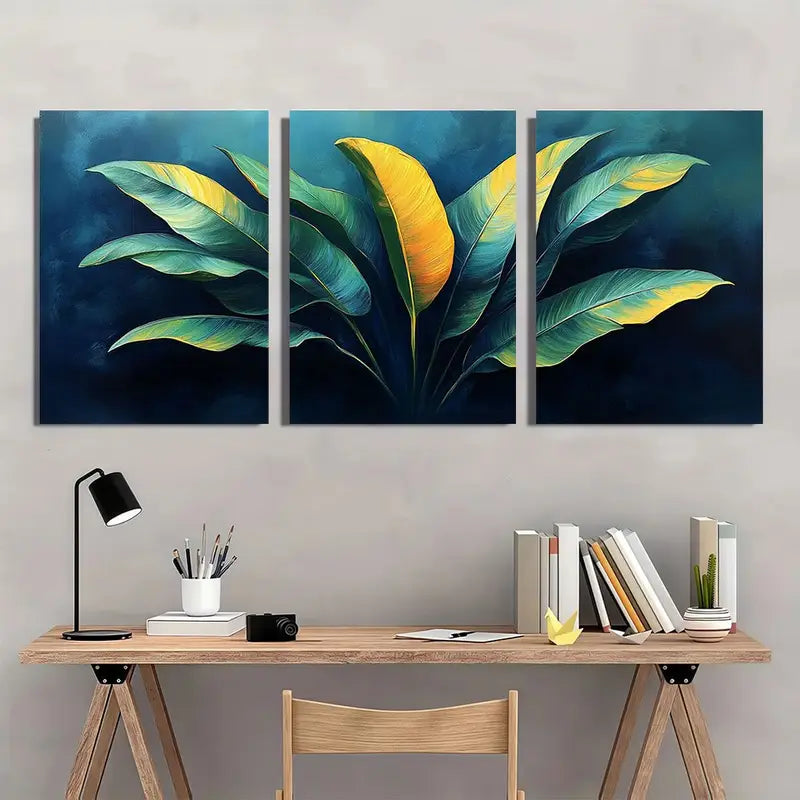 3pcs Vibrant Green Leaf  Metal Print Ready to Hang Art