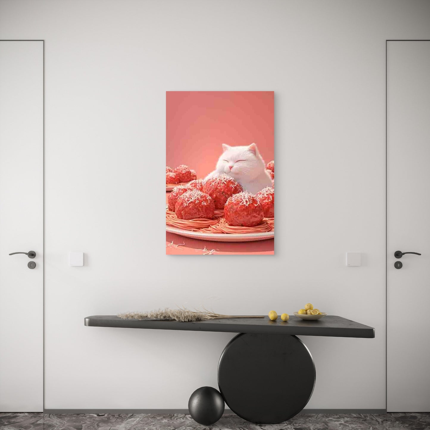 Cozy Cat Among Meatballs 60x90cm Metal Print Ready to Hang
