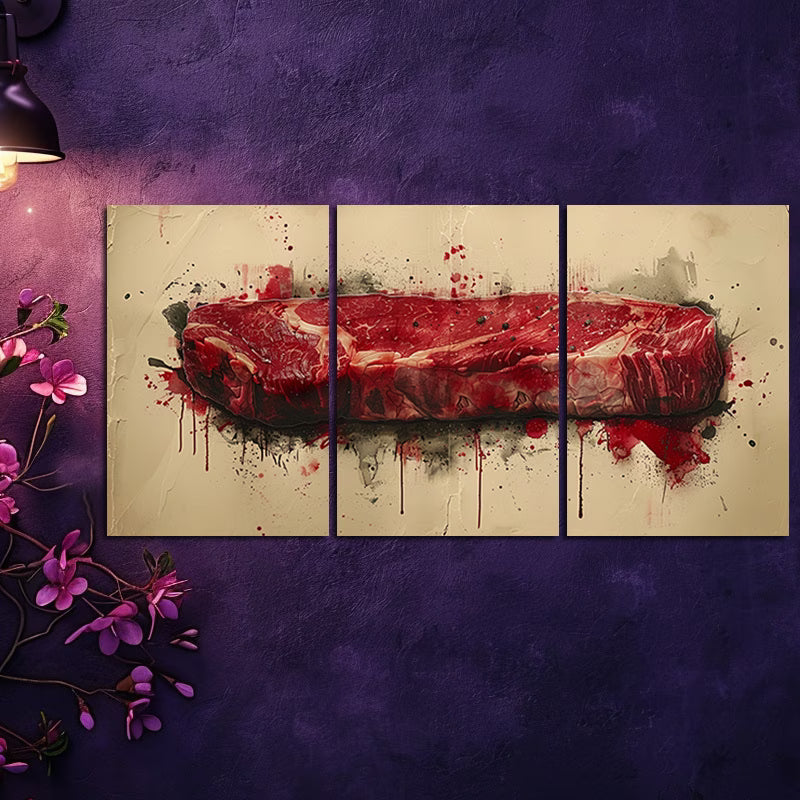 3pcs Painting of a Raw Steak Wall Art Set Canvas Framed 40x60cm - High Quality Print 100% Australian Made Wall Canvas Ready to Hang