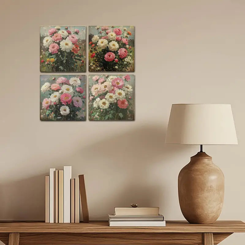 4pcs Pink And White Flower Boquet Wall Art Canvas Framed