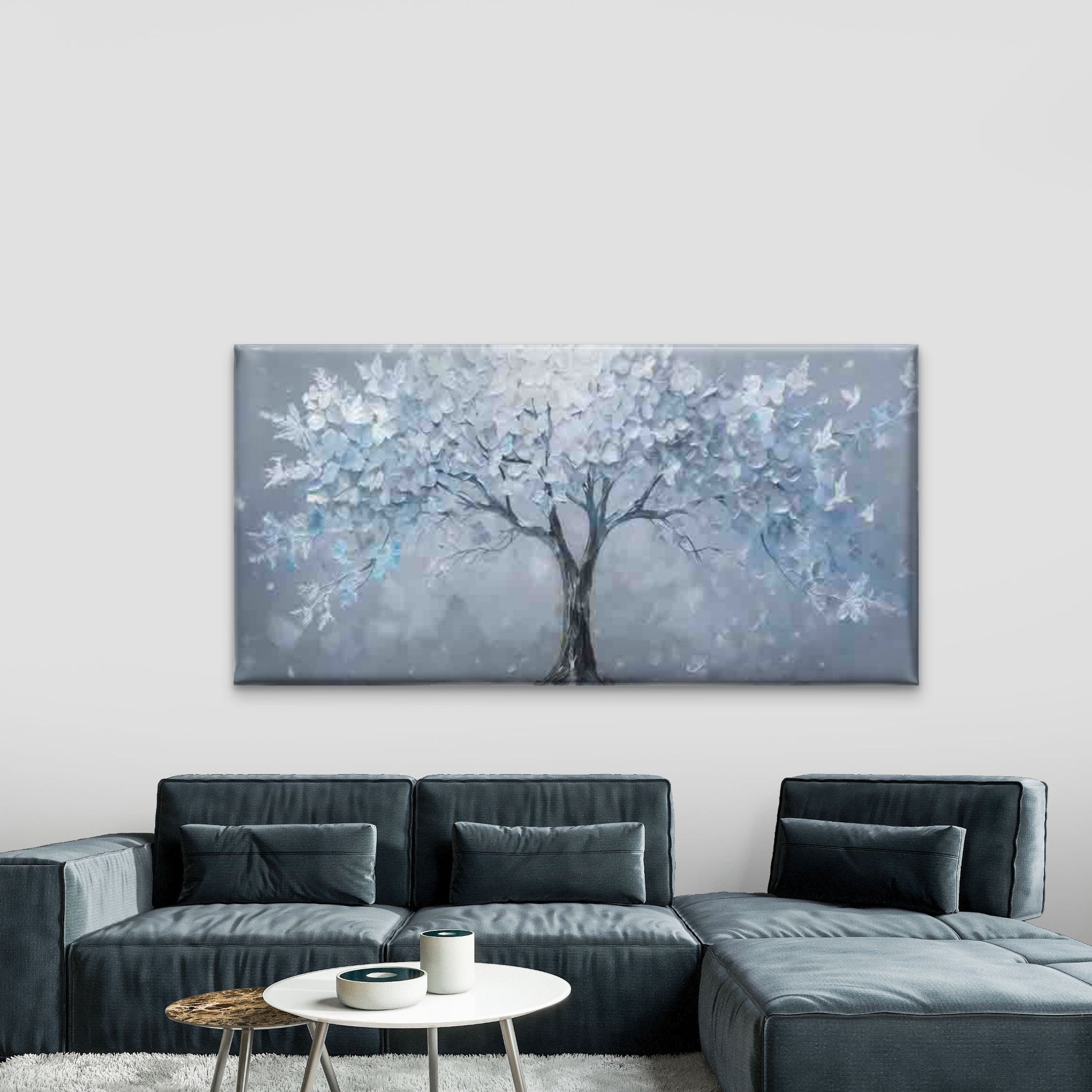 Blue And White Fantasy Tree Wall Art Canvas Office Home Room Framed 120x60cm - Bella Home Decor