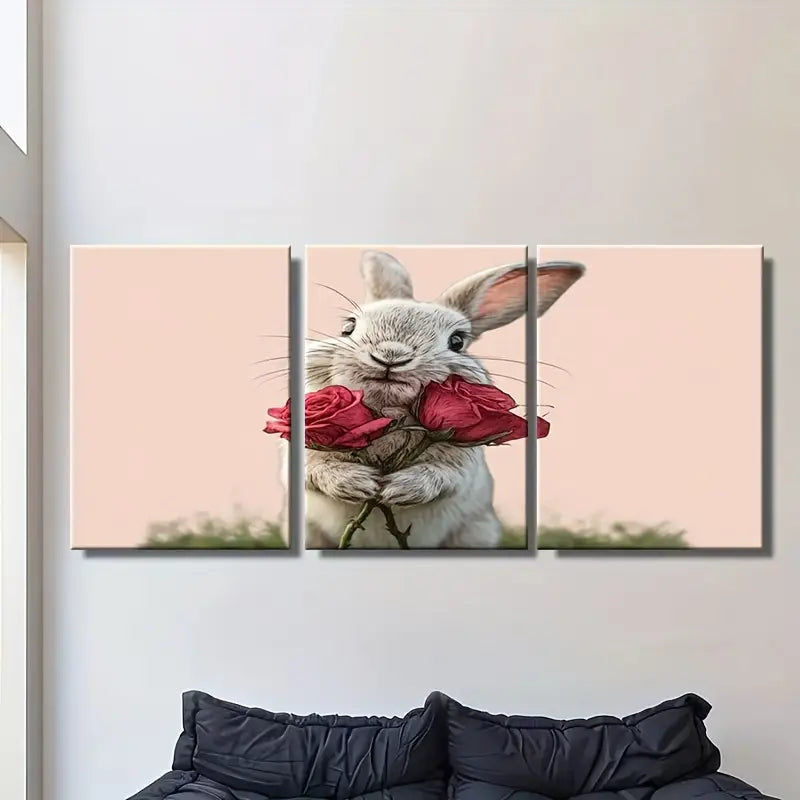 3pcs Cute Little Rabbit Holding Roses Metal Print Ready to Hang Art - Bella Home Decor