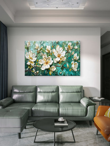 White Flower Branch Green Painting Wall Art Decor 100% Australian Made