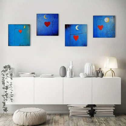 4pcs Abstract Blue Love Heart Wall Art Canvas Framed