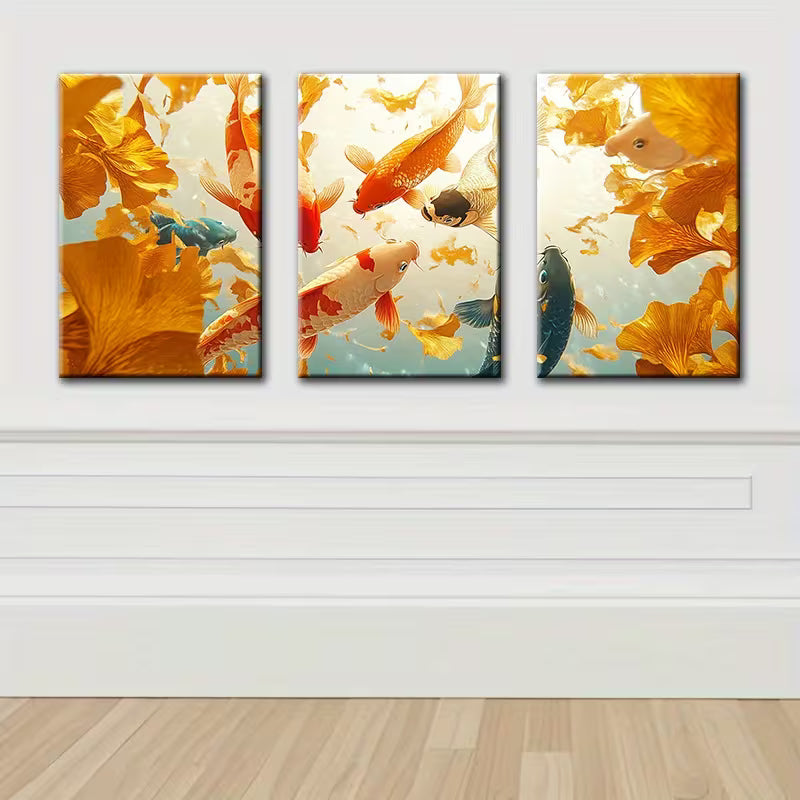 3pcs Painted koi carp Illustration Wall Art Set Canvas Framed 40x60cm - High Quality Print 100% Australian Made Wall Canvas Ready to Hang