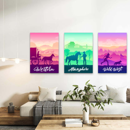 3pcs Retro Wild West Cowboy Landscape  Wall Art Set Canvas Framed 40x60cm - High Quality Print 100% Australian Made Wall Canvas Ready to Hang