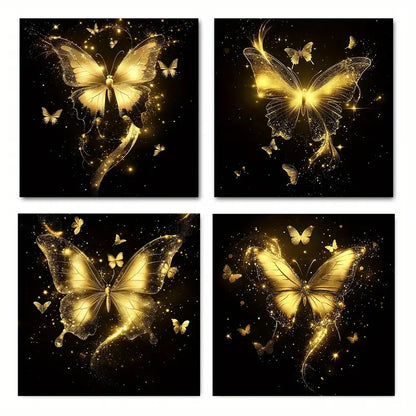 4pcs Golden Butterfly With Sparkling Golden Wall Art Canvas Framed